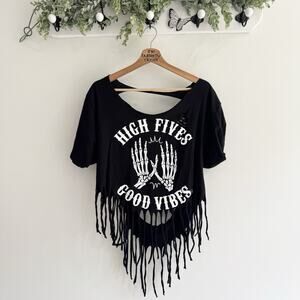 Women’s High Fives Good Vibes Skeleton Fringe Biker Distressed Shirt Large Grung